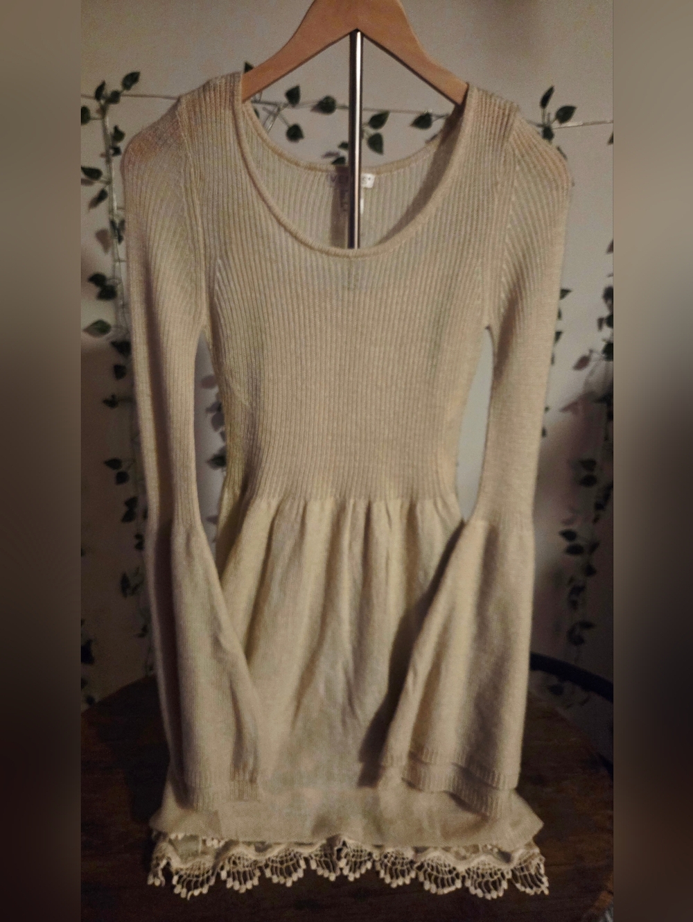 Women’s Cream Long-Sleeve Knit Dress with Lace Hem